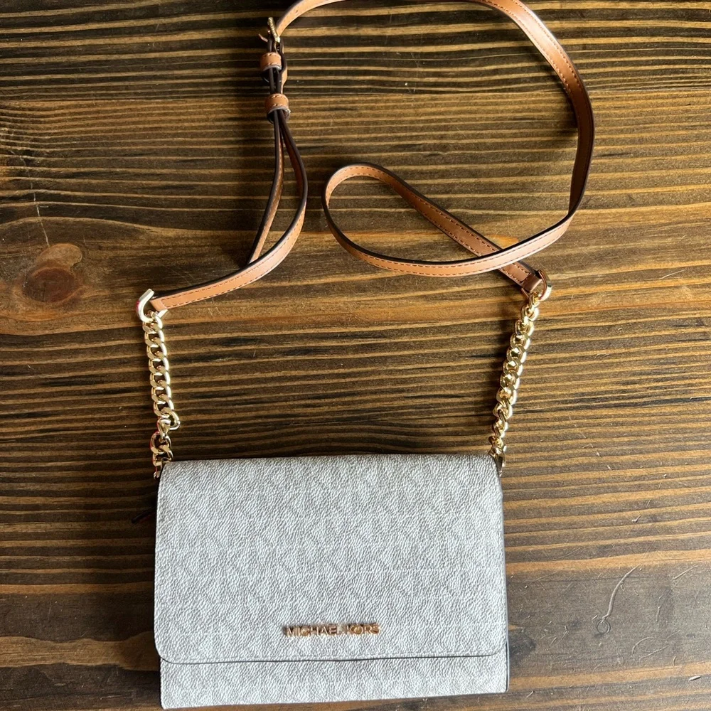 Michael Kors Crossbody Bag in White and Brown with Gold Hardware